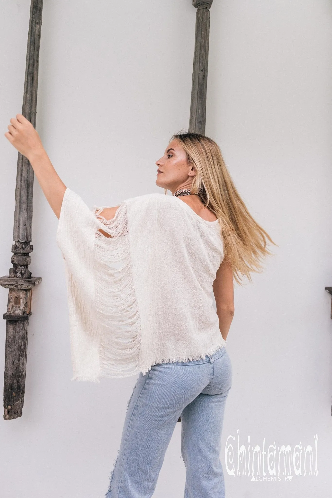 Asymmetric Raw Cotton Boho Top / Ripped Tshirt / Off White
