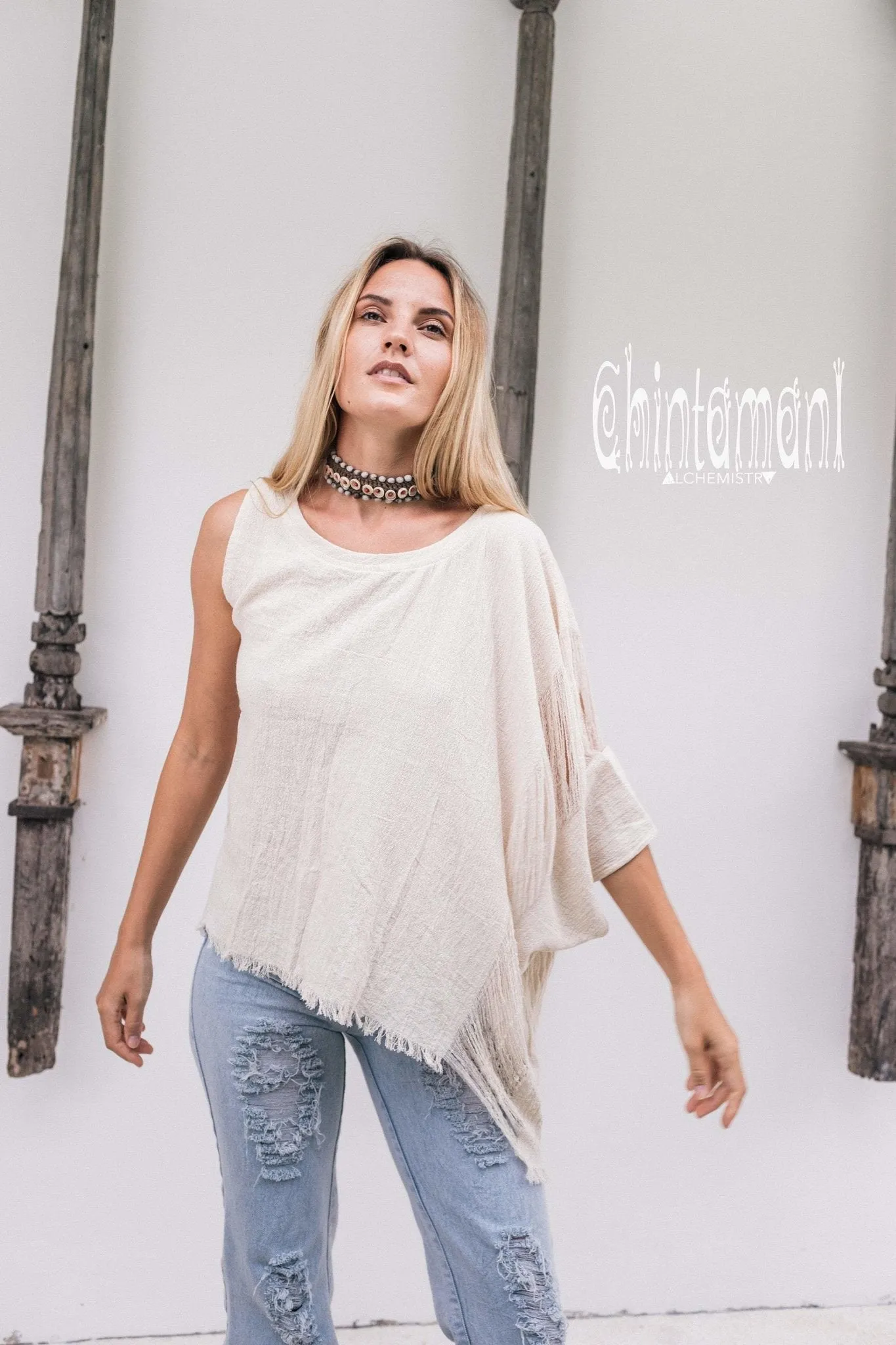 Asymmetric Raw Cotton Boho Top / Ripped Tshirt / Off White