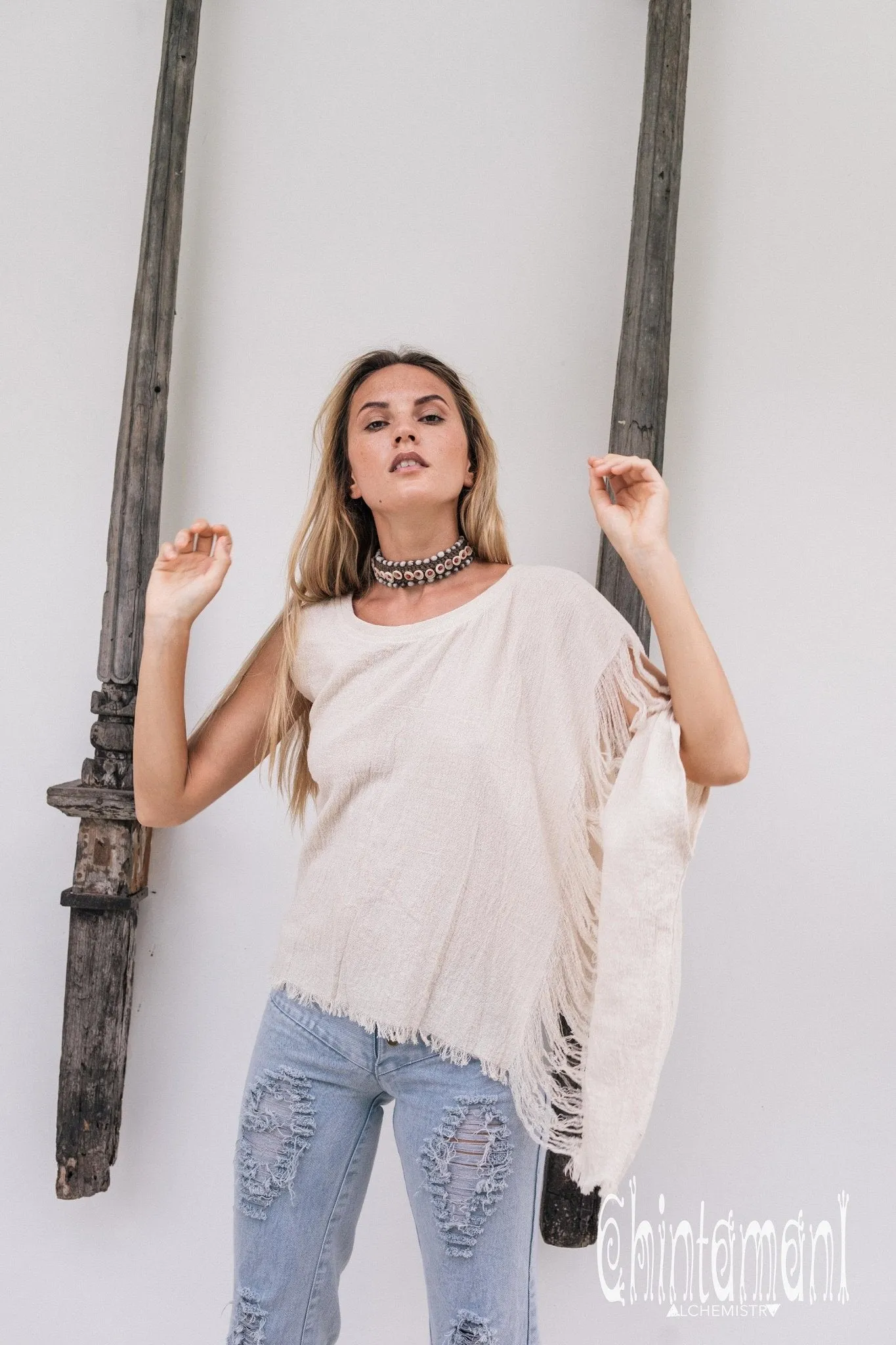 Asymmetric Raw Cotton Boho Top / Ripped Tshirt / Off White