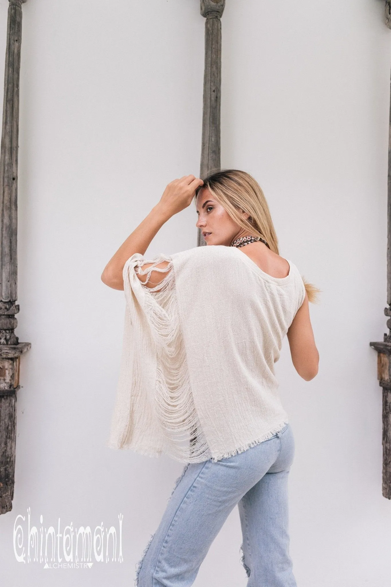 Asymmetric Raw Cotton Boho Top / Ripped Tshirt / Off White