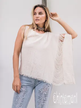 Asymmetric Raw Cotton Boho Top / Ripped Tshirt / Off White