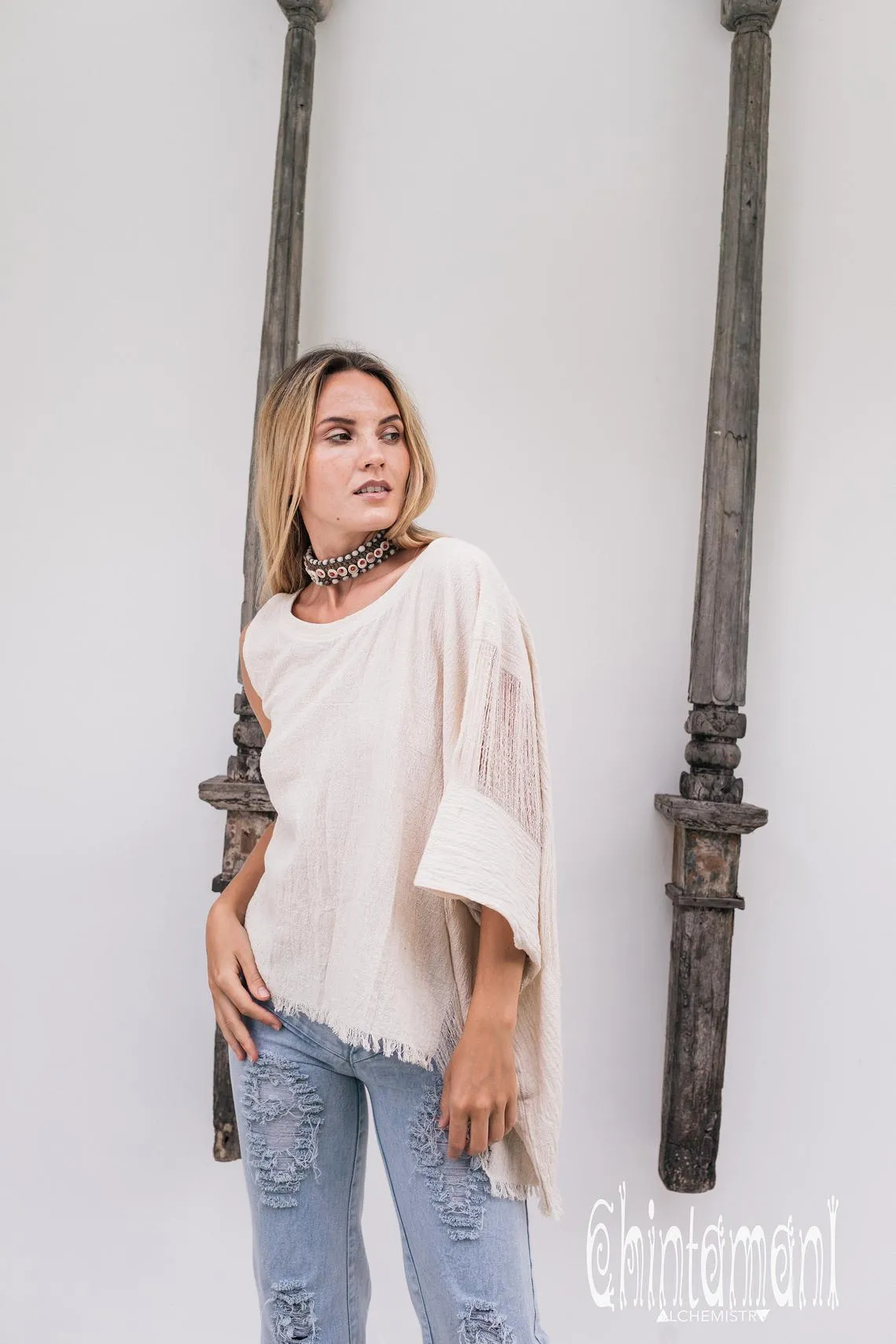 Asymmetric Raw Cotton Boho Top / Ripped Tshirt / Off White