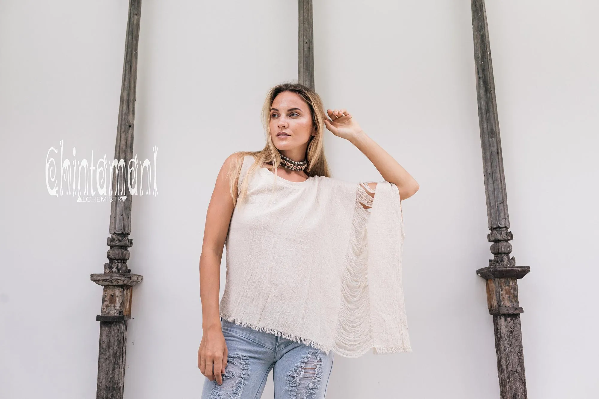 Asymmetric Raw Cotton Boho Top / Ripped Tshirt / Off White