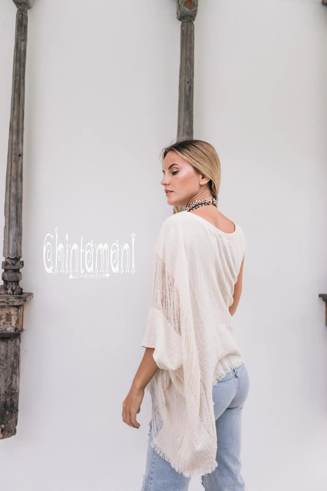Asymmetric Raw Cotton Boho Top / Ripped Tshirt / Off White