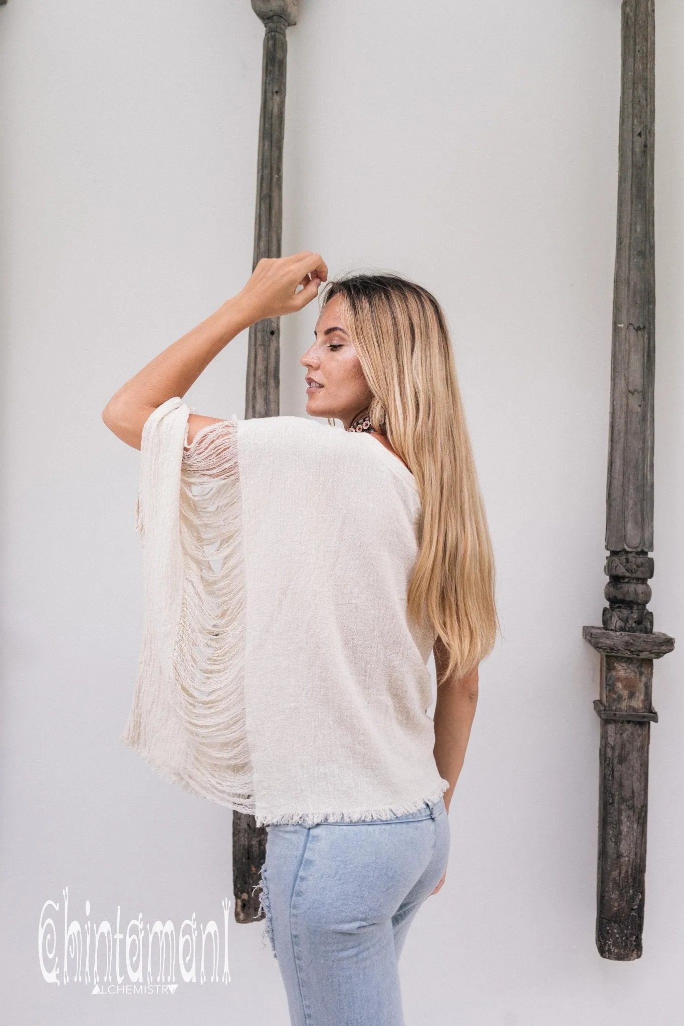 Asymmetric Raw Cotton Boho Top / Ripped Tshirt / Off White
