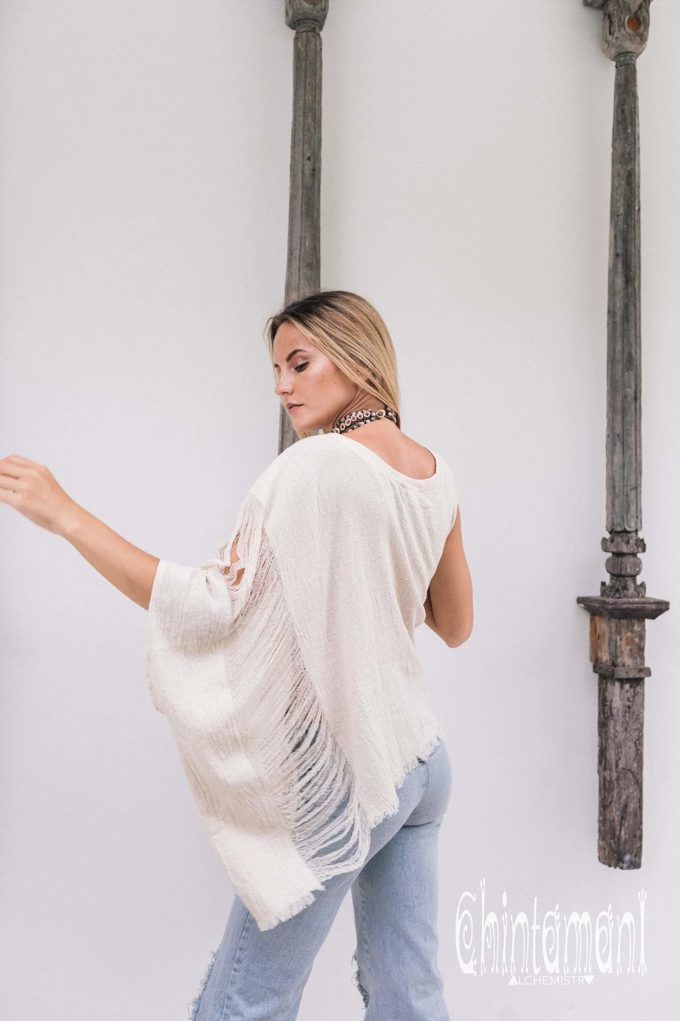Asymmetric Raw Cotton Boho Top / Ripped Tshirt / Off White