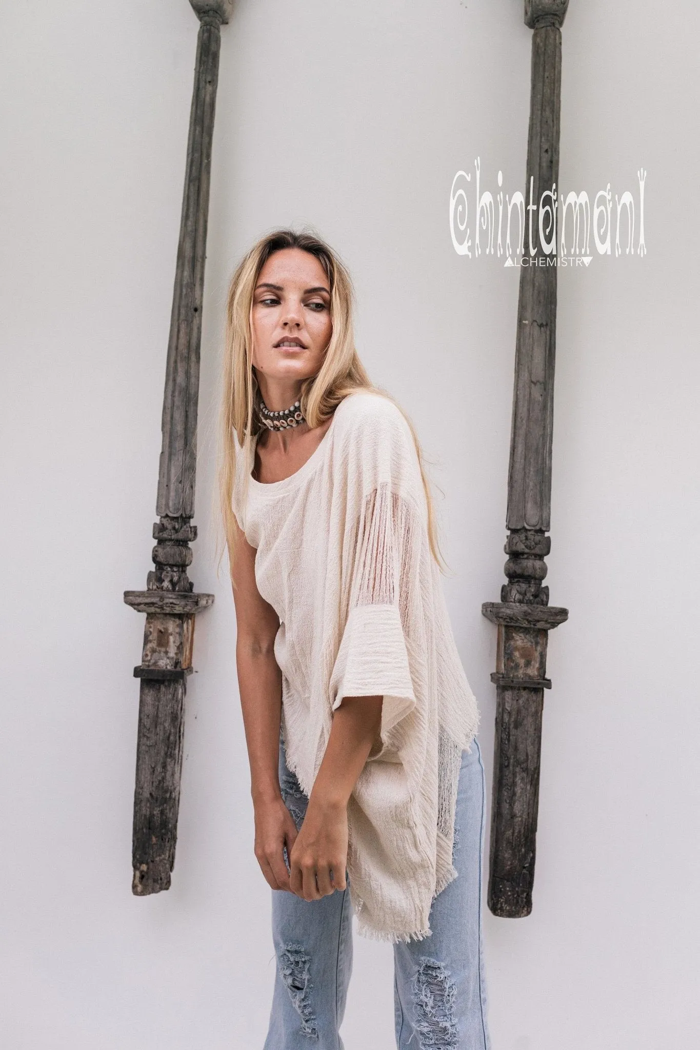 Asymmetric Raw Cotton Boho Top / Ripped Tshirt / Off White