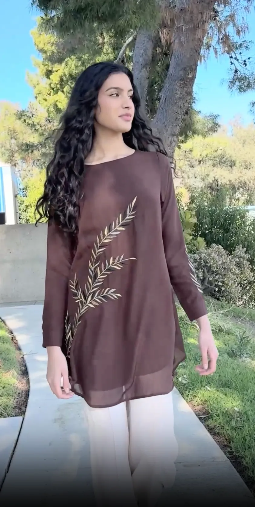 Baraka Gold Embroidered Formal Long Modest Tunic - Cocoa