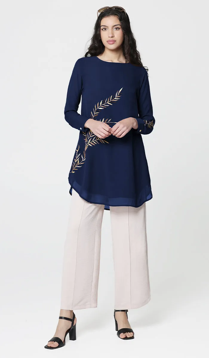 Baraka Gold Embroidered Formal Long Modest Tunic - Sapphire - PREORDER (ships in 2 weeks)