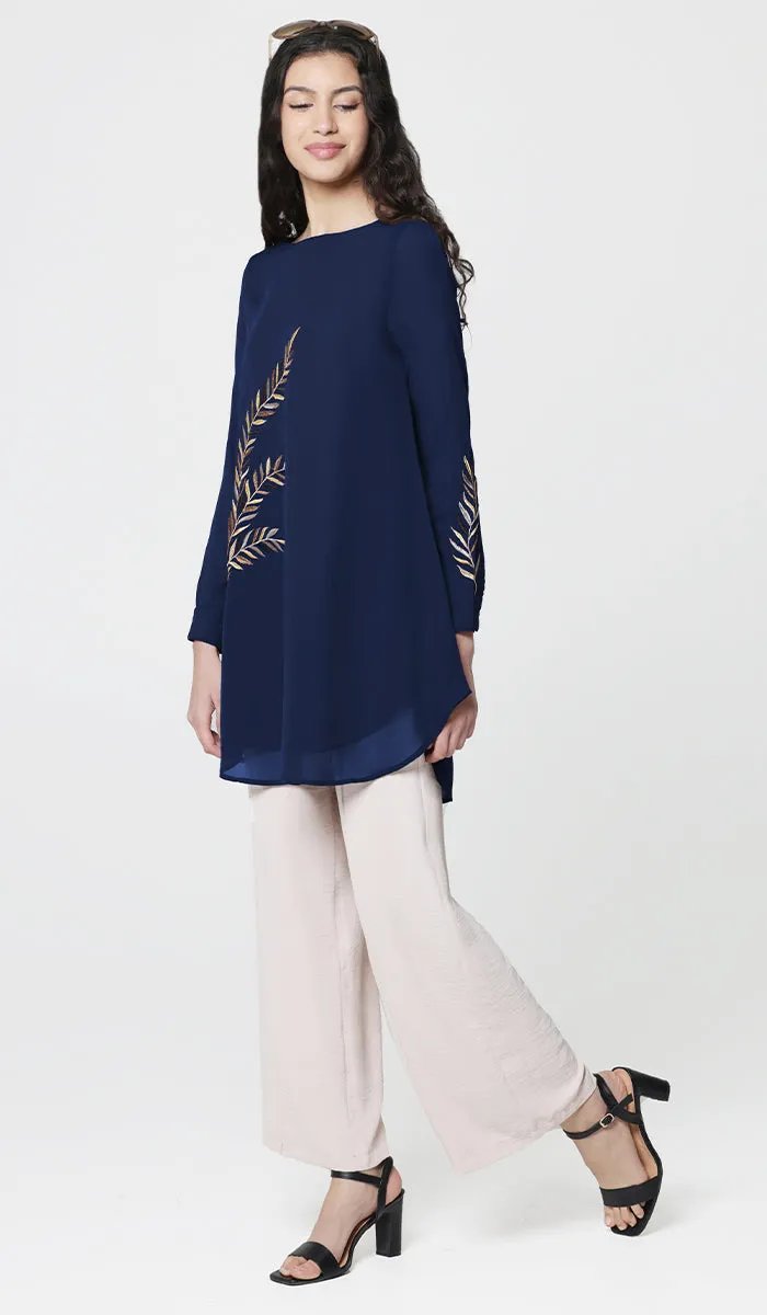 Baraka Gold Embroidered Formal Long Modest Tunic - Sapphire - PREORDER (ships in 2 weeks)