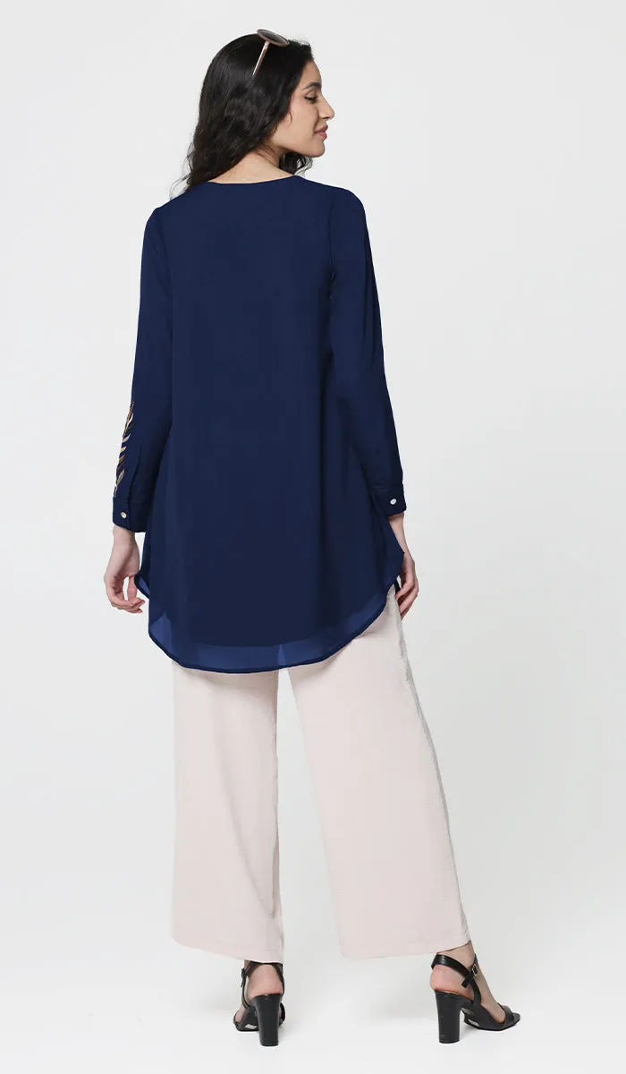Baraka Gold Embroidered Formal Long Modest Tunic - Sapphire - PREORDER (ships in 2 weeks)