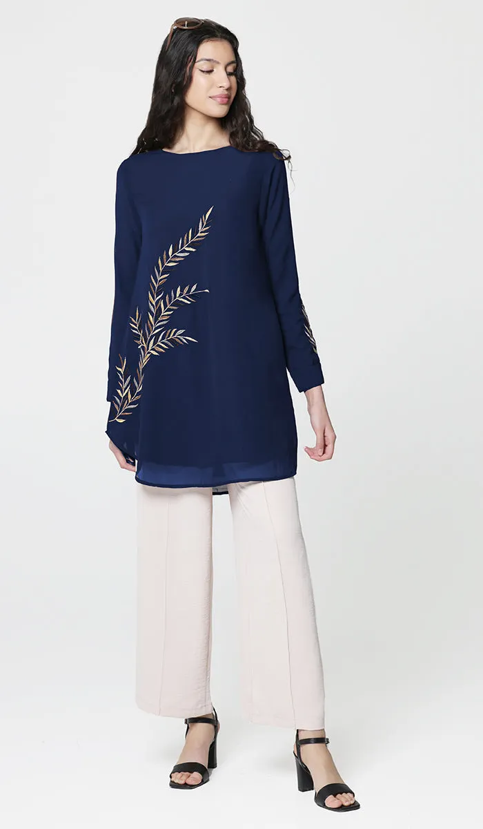 Baraka Gold Embroidered Formal Long Modest Tunic - Sapphire - PREORDER (ships in 2 weeks)