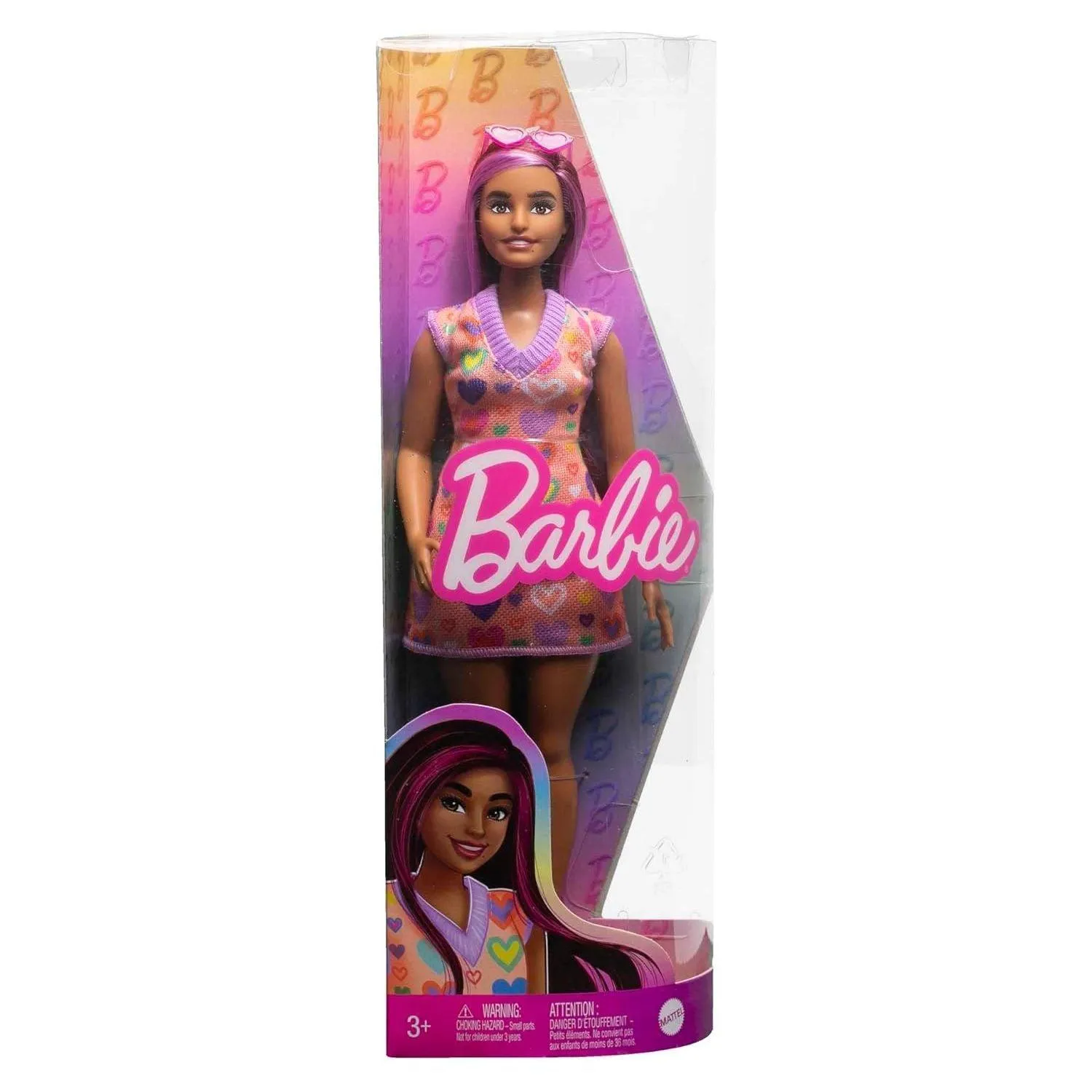 Barbie Fashionistas Doll #207 with a Heart-Print Sweater Dress, Sunglasses and Platform Shoes Small