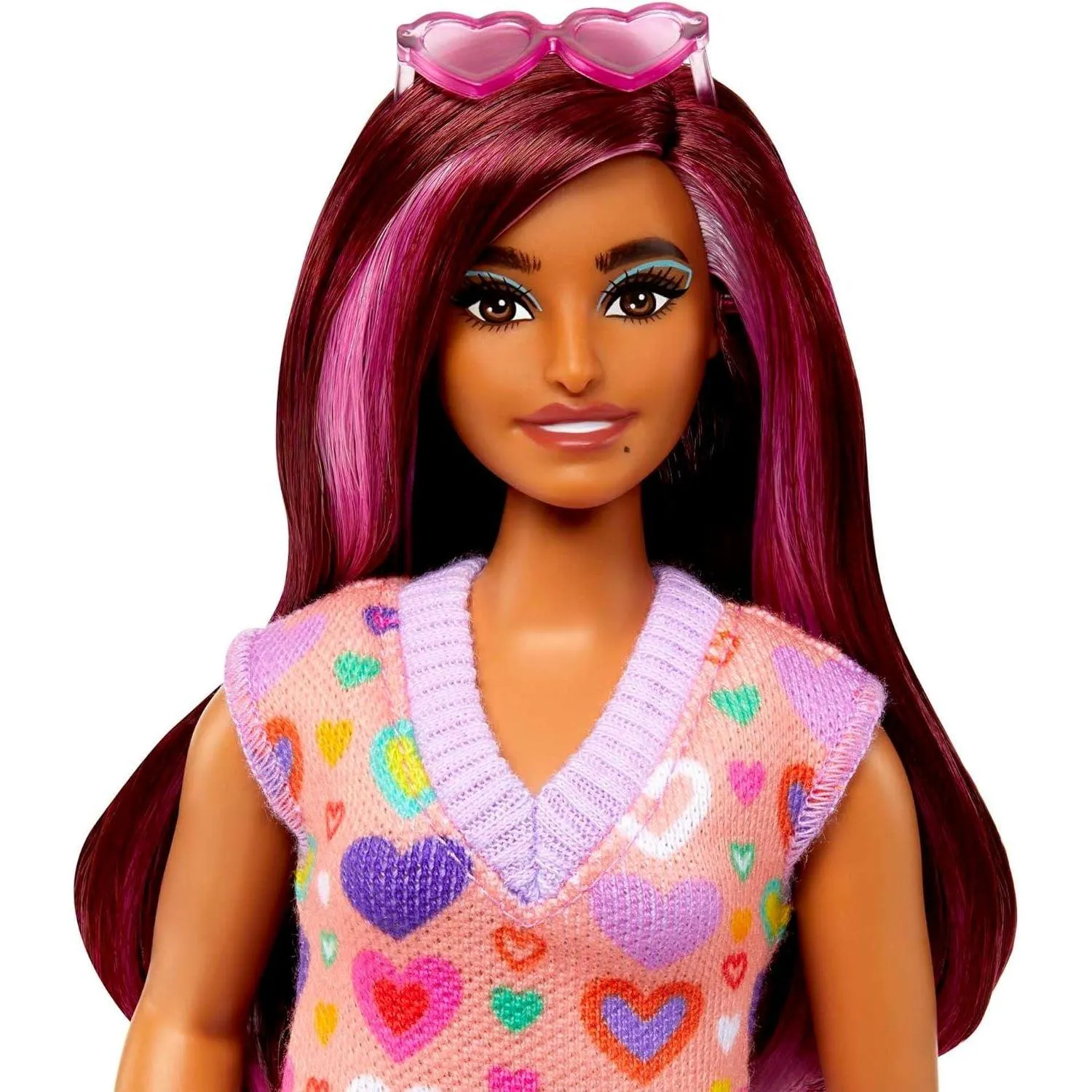 Barbie Fashionistas Doll #207 with a Heart-Print Sweater Dress, Sunglasses and Platform Shoes Small