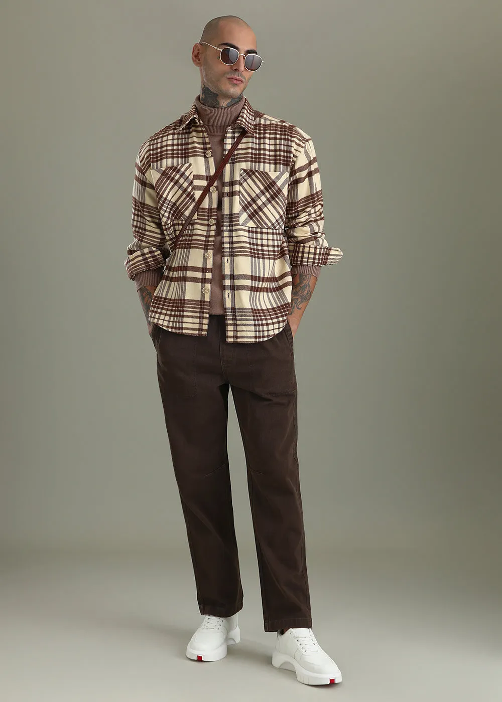 Beige Checked Relaxed Fit Shacket