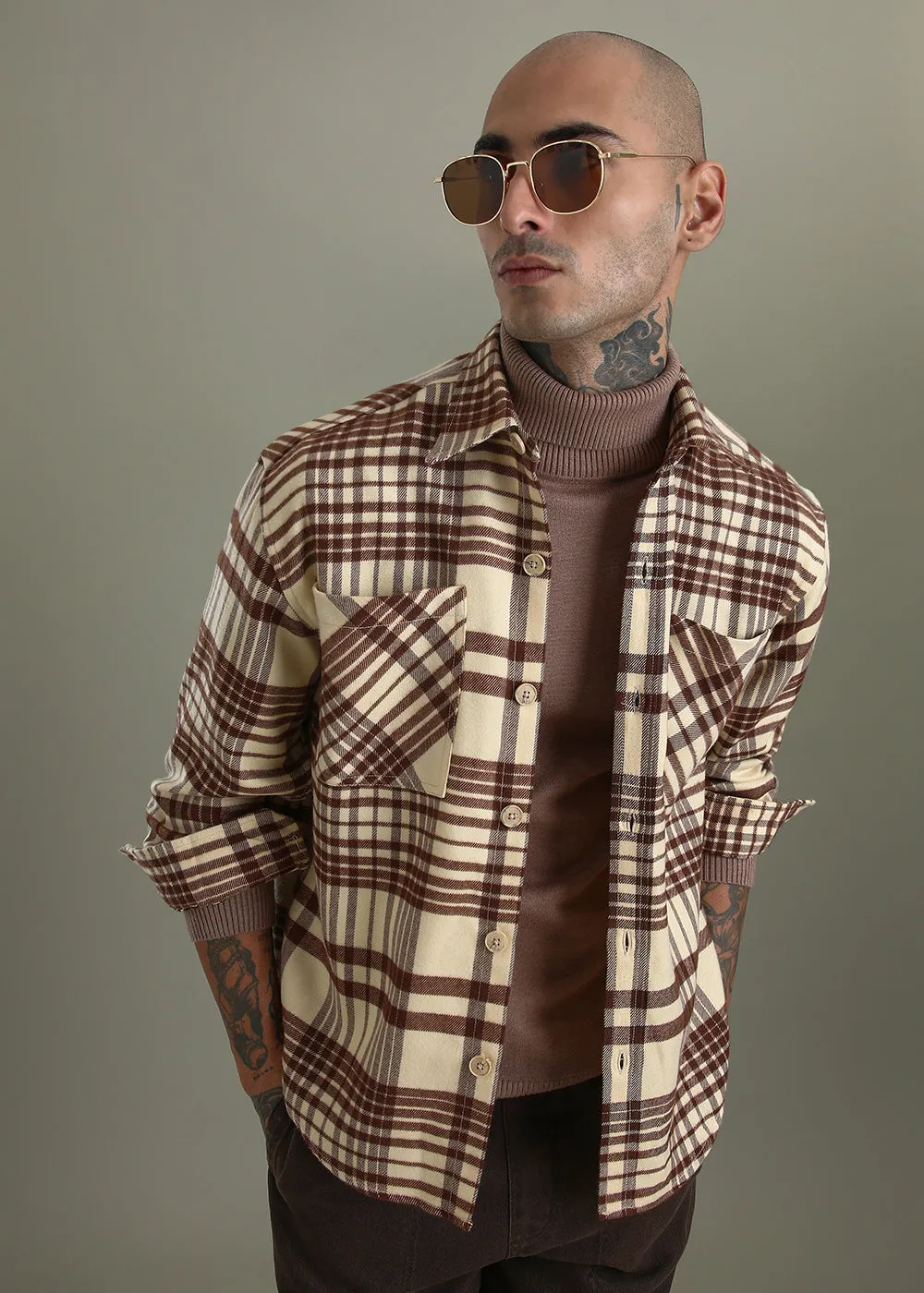 Beige Checked Relaxed Fit Shacket
