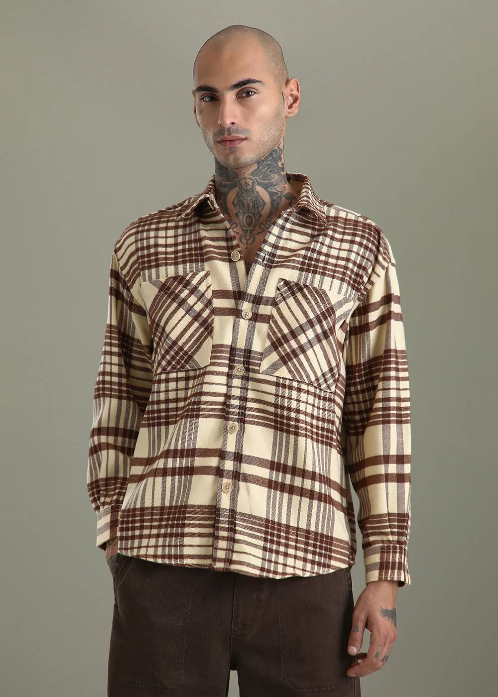 Beige Checked Relaxed Fit Shacket