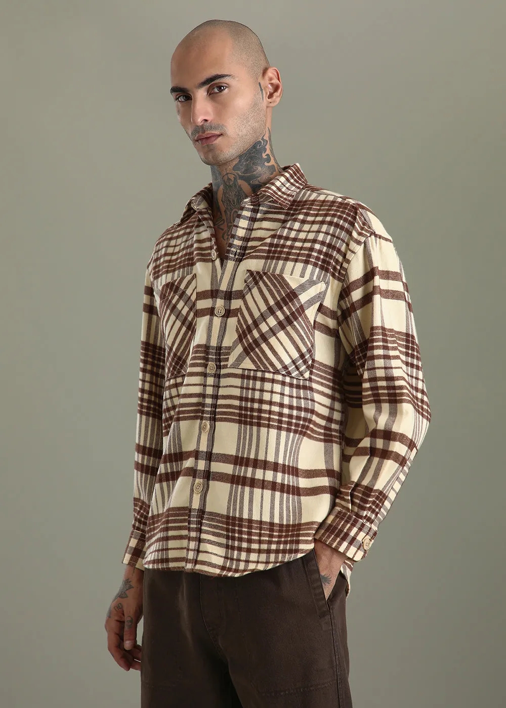 Beige Checked Relaxed Fit Shacket
