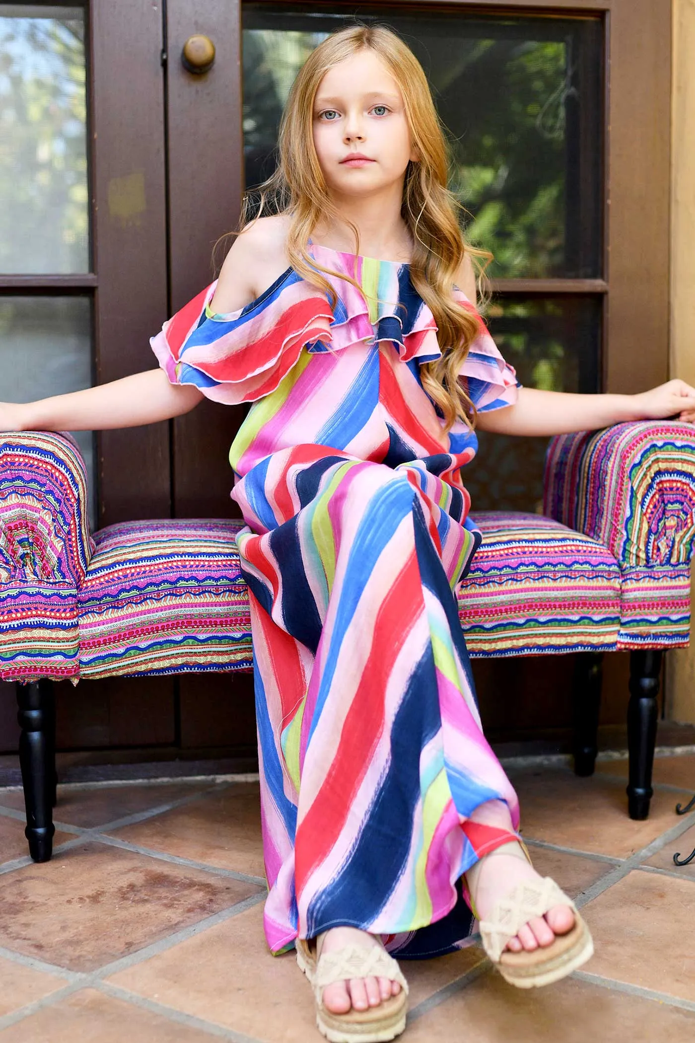 Big Girls | Tween Girls Rainbow Stripe Ruffle Maxi Slip Dress