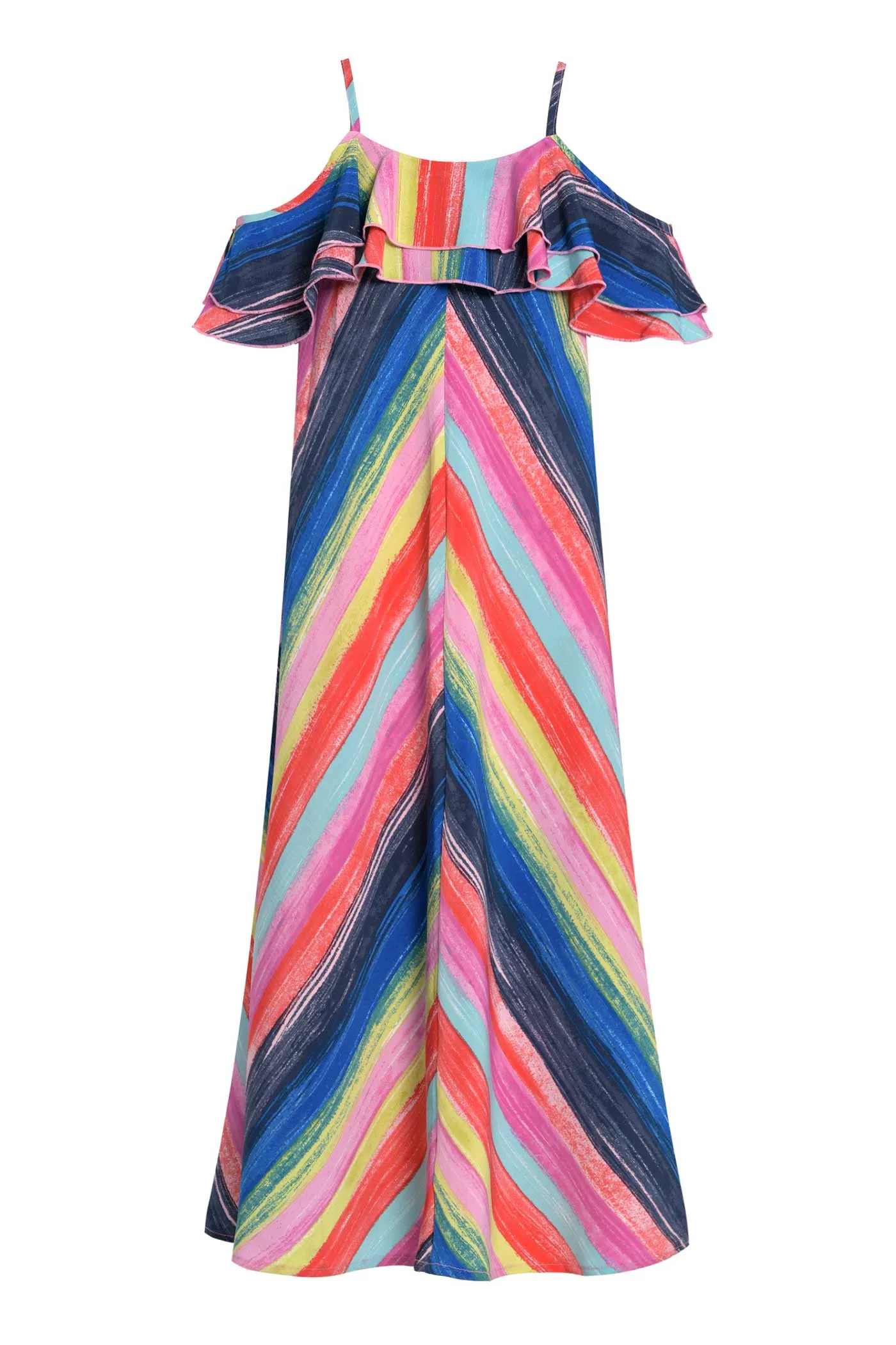 Big Girls | Tween Girls Rainbow Stripe Ruffle Maxi Slip Dress