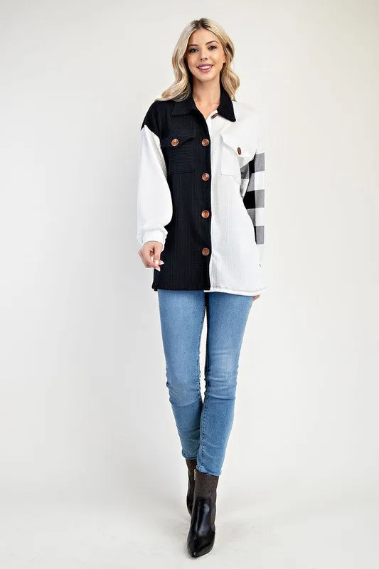 Black and White Plaid Patchwork Button-Down Shacket