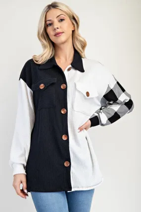 Black and White Plaid Patchwork Button-Down Shacket