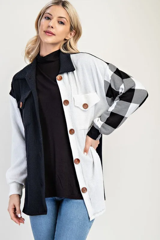 Black and White Plaid Patchwork Button-Down Shacket