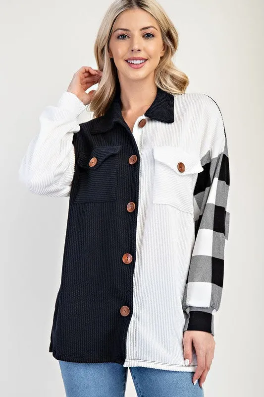 Black and White Plaid Patchwork Button-Down Shacket