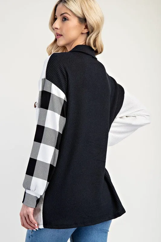 Black and White Plaid Patchwork Button-Down Shacket