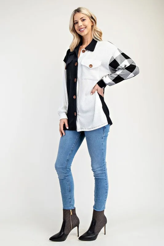 Black and White Plaid Patchwork Button-Down Shacket