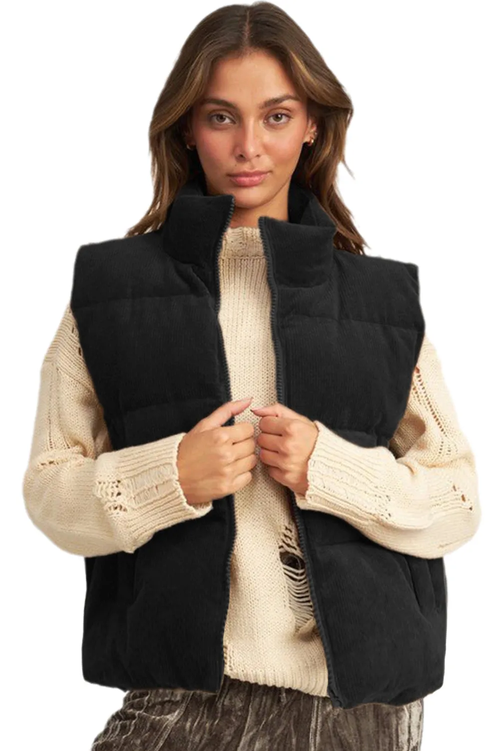 Coffee Corduroy Stand Neck Zipped Puffer Gilet