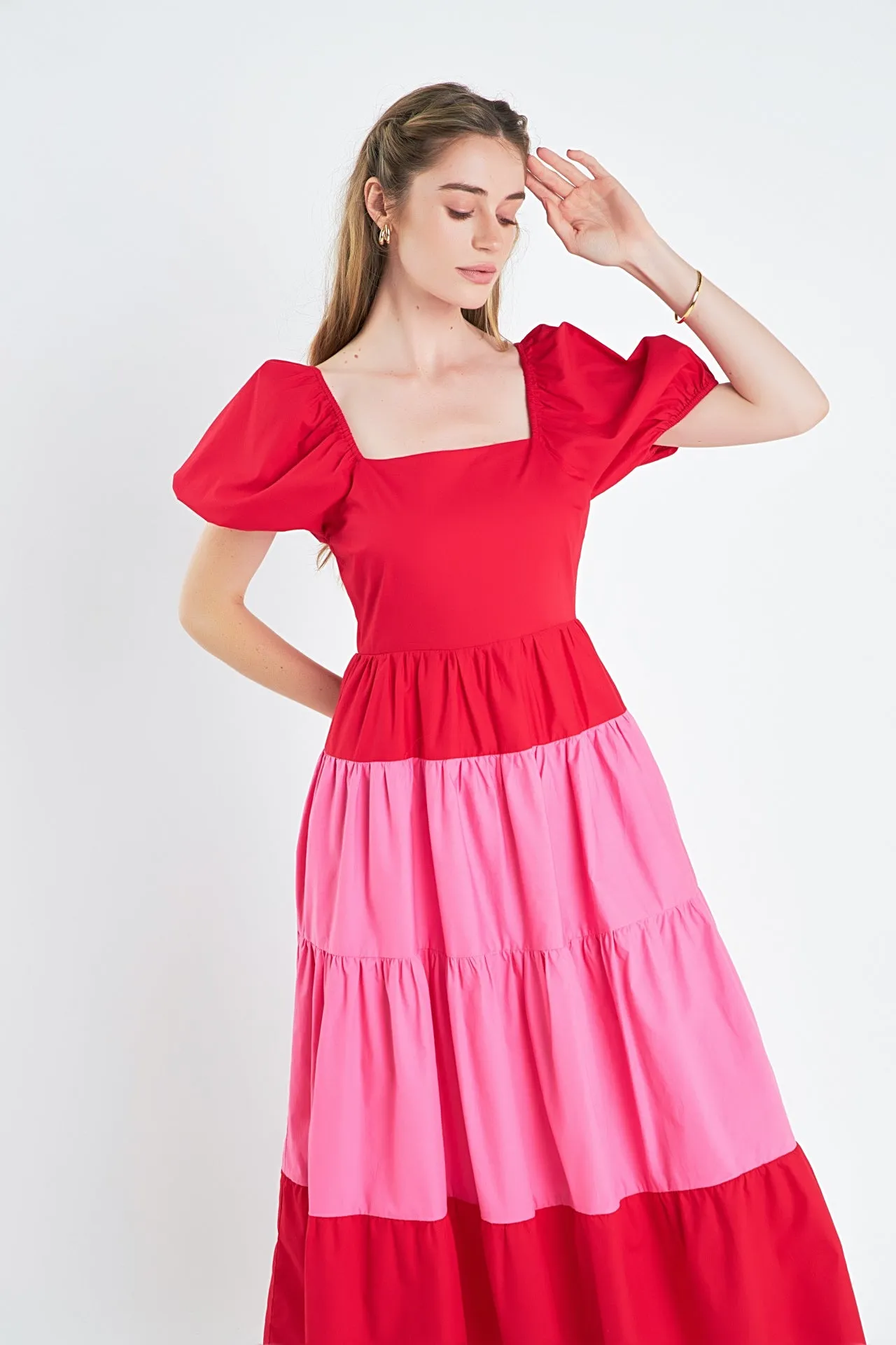 Color Block Puff Sleeve Maxi Dress