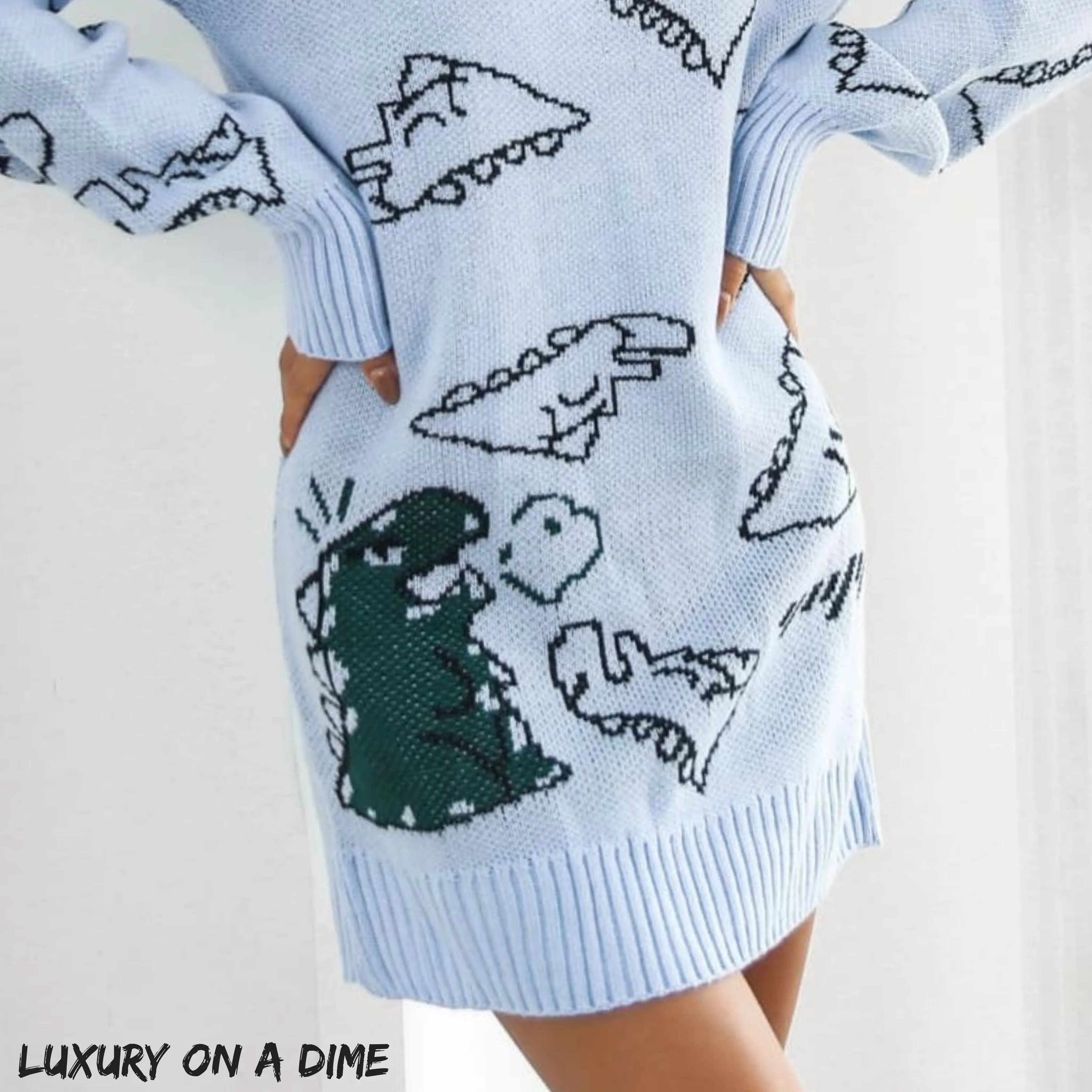 Dinosaur Knit Sweater Dress Round Neck Playful Long Sleeve Oversized Mini Pullover Fun Print