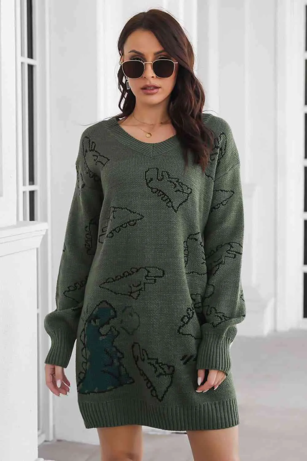 Dinosaur Knit Sweater Dress Round Neck Playful Long Sleeve Oversized Mini Pullover Fun Print