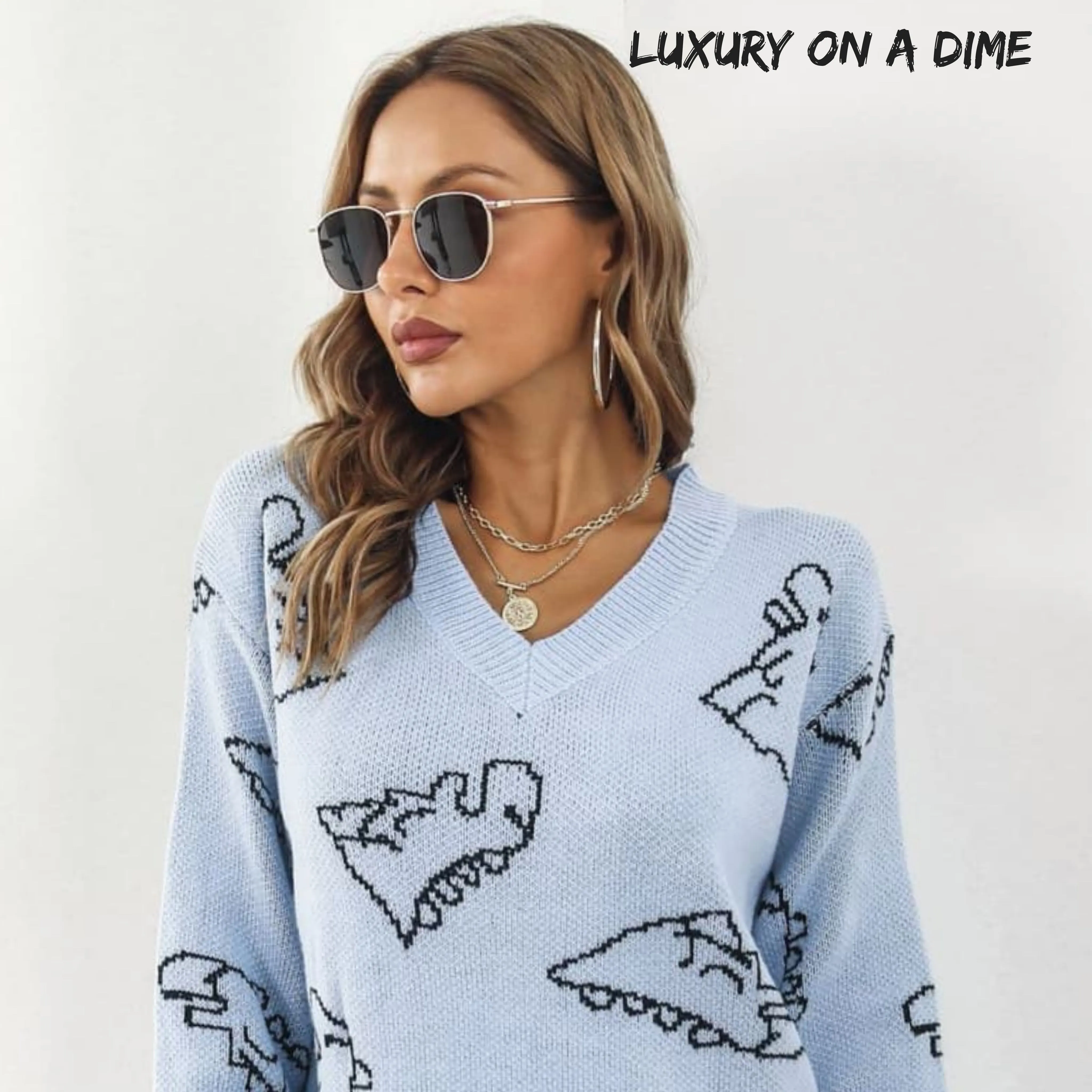 Dinosaur Knit Sweater Dress Round Neck Playful Long Sleeve Oversized Mini Pullover Fun Print