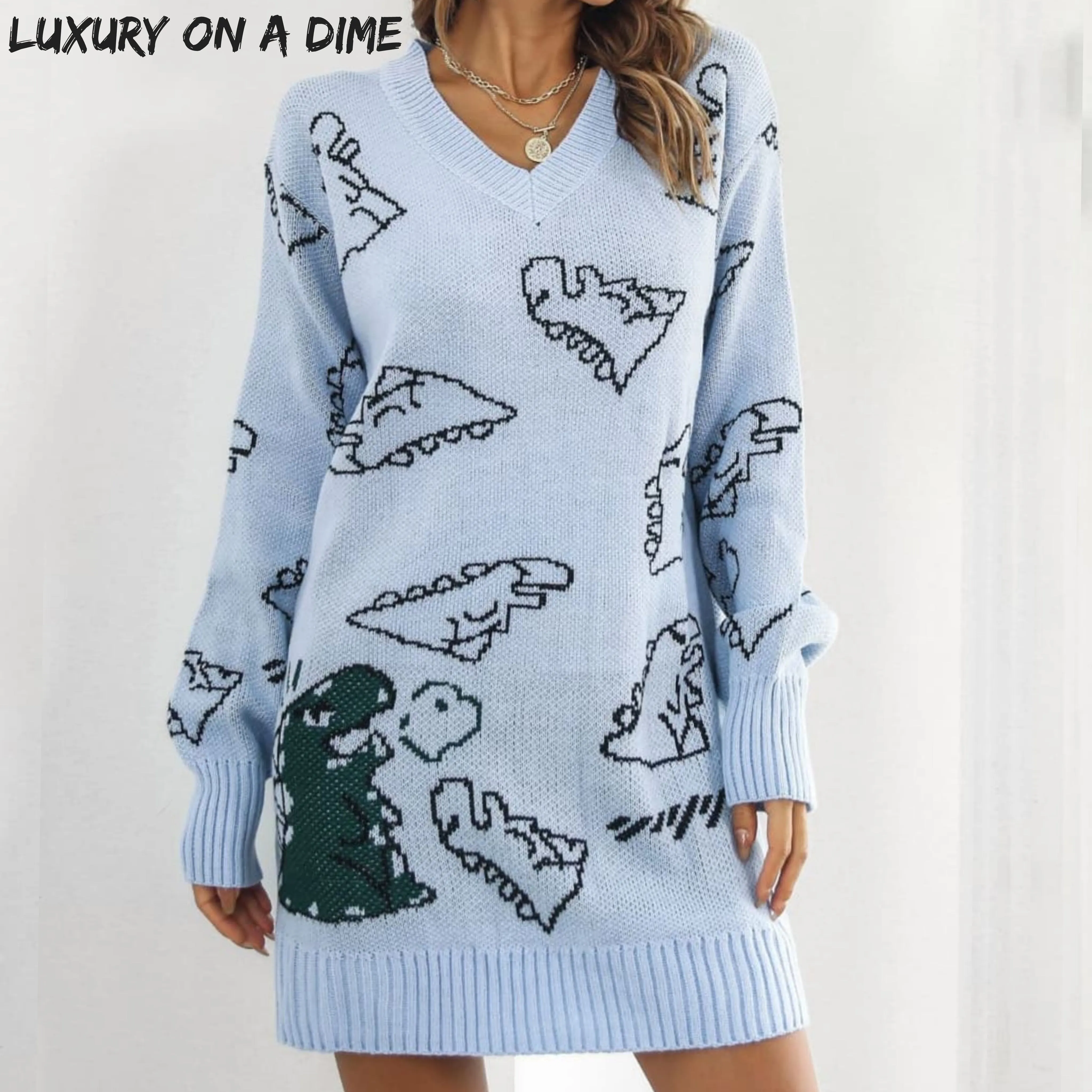 Dinosaur Knit Sweater Dress Round Neck Playful Long Sleeve Oversized Mini Pullover Fun Print