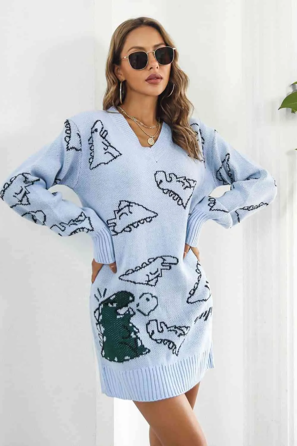 Dinosaur Knit Sweater Dress Round Neck Playful Long Sleeve Oversized Mini Pullover Fun Print