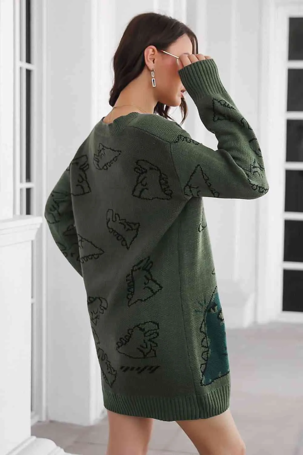 Dinosaur Knit Sweater Dress Round Neck Playful Long Sleeve Oversized Mini Pullover Fun Print