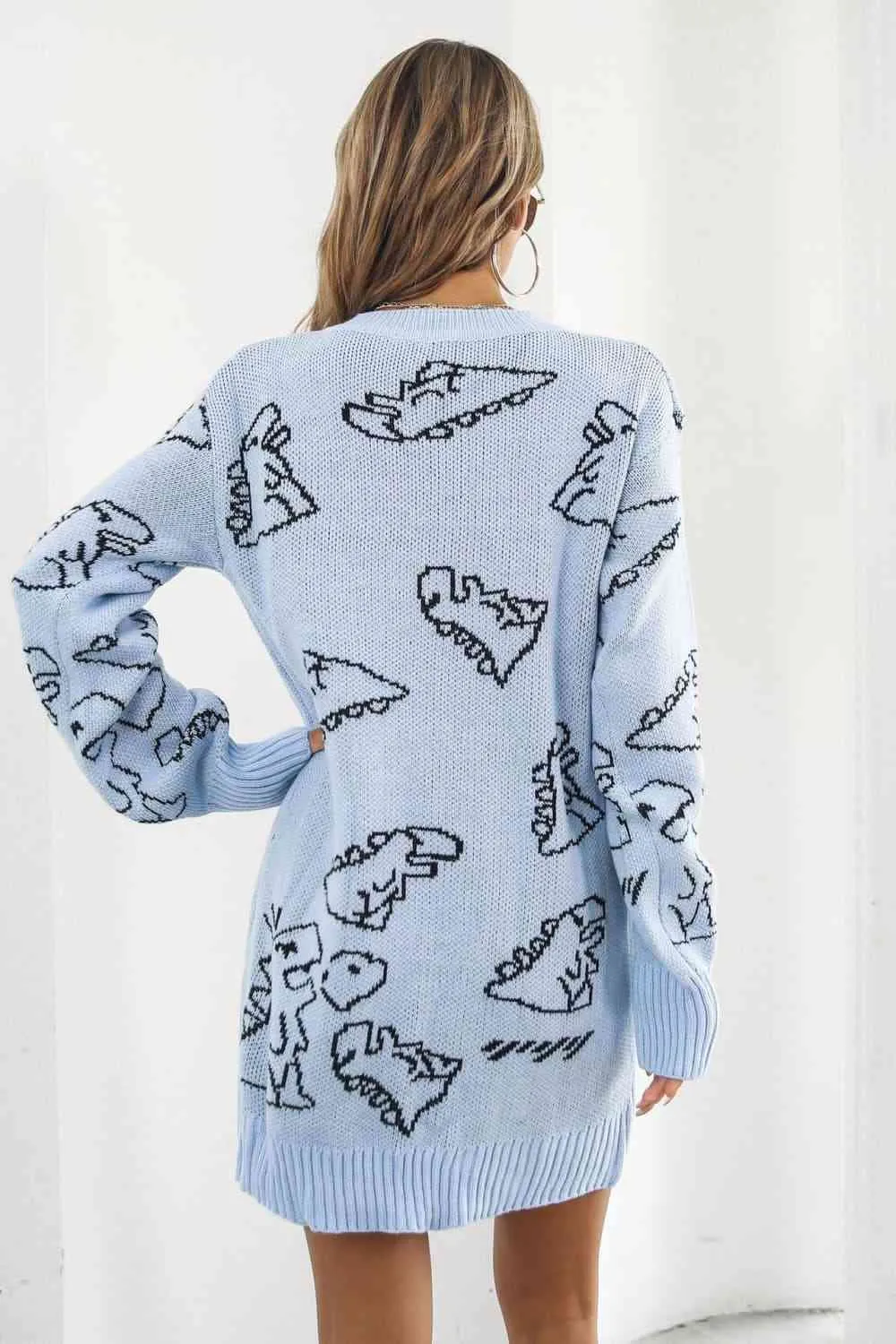 Dinosaur Knit Sweater Dress Round Neck Playful Long Sleeve Oversized Mini Pullover Fun Print