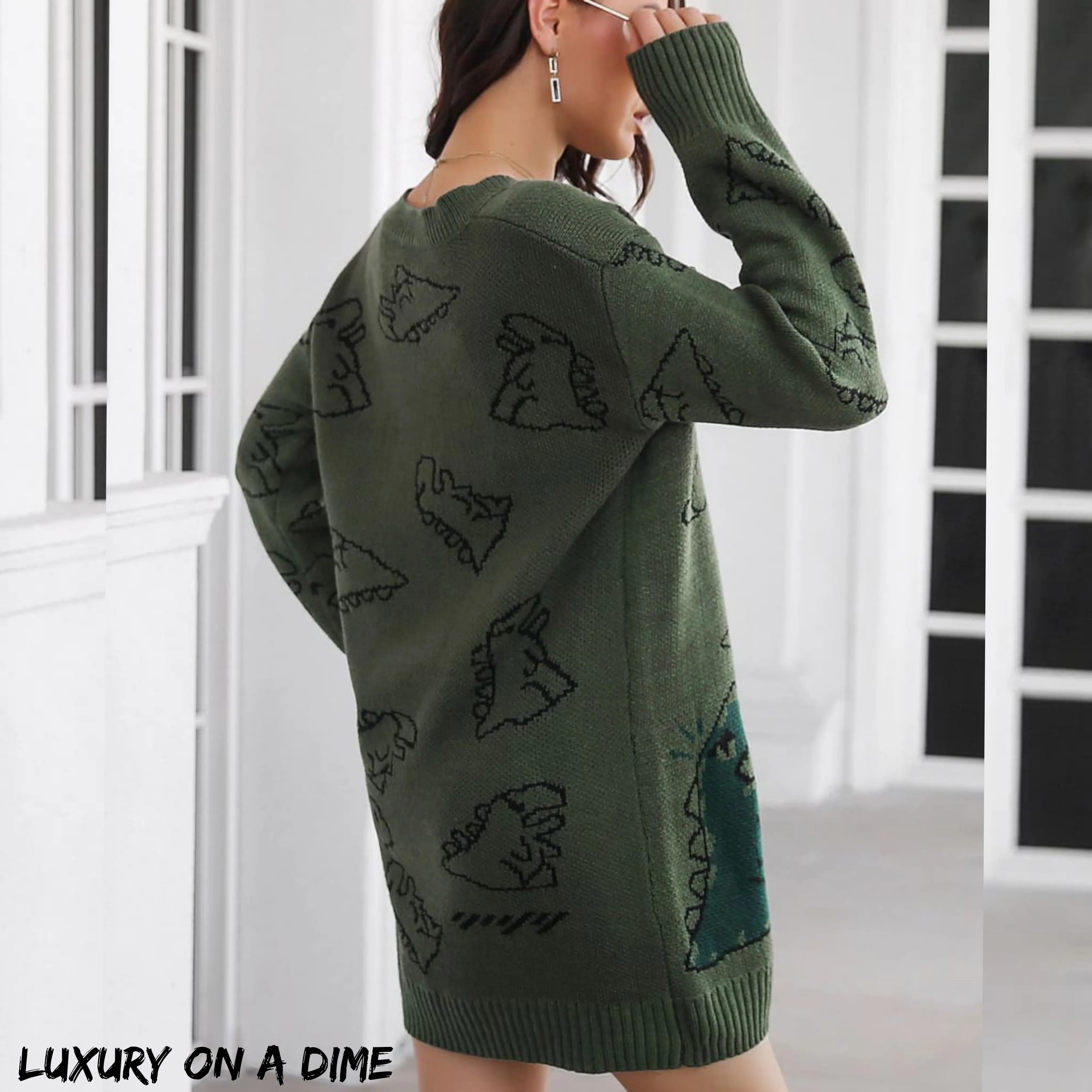 Dinosaur Knit Sweater Dress Round Neck Playful Long Sleeve Oversized Mini Pullover Fun Print