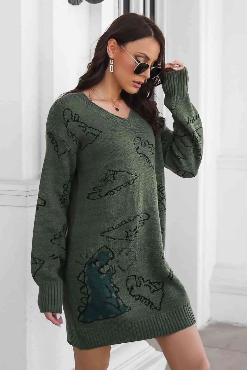 Dinosaur Knit Sweater Dress Round Neck Playful Long Sleeve Oversized Mini Pullover Fun Print