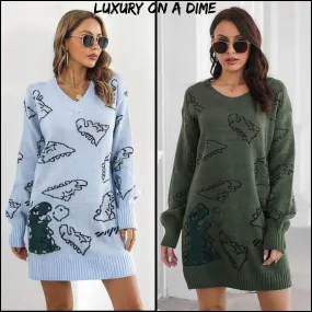 Dinosaur Knit Sweater Dress Round Neck Playful Long Sleeve Oversized Mini Pullover Fun Print