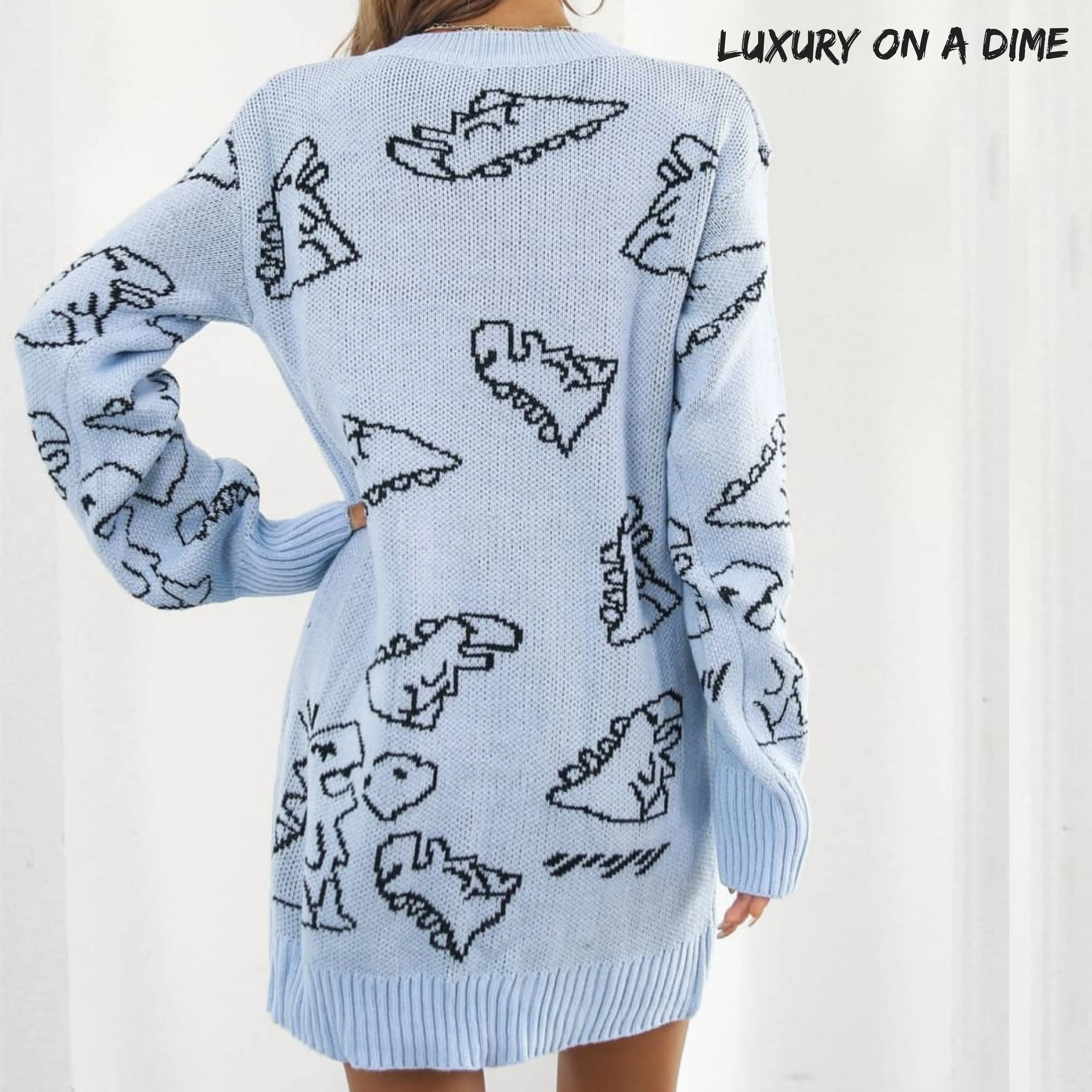 Dinosaur Knit Sweater Dress Round Neck Playful Long Sleeve Oversized Mini Pullover Fun Print