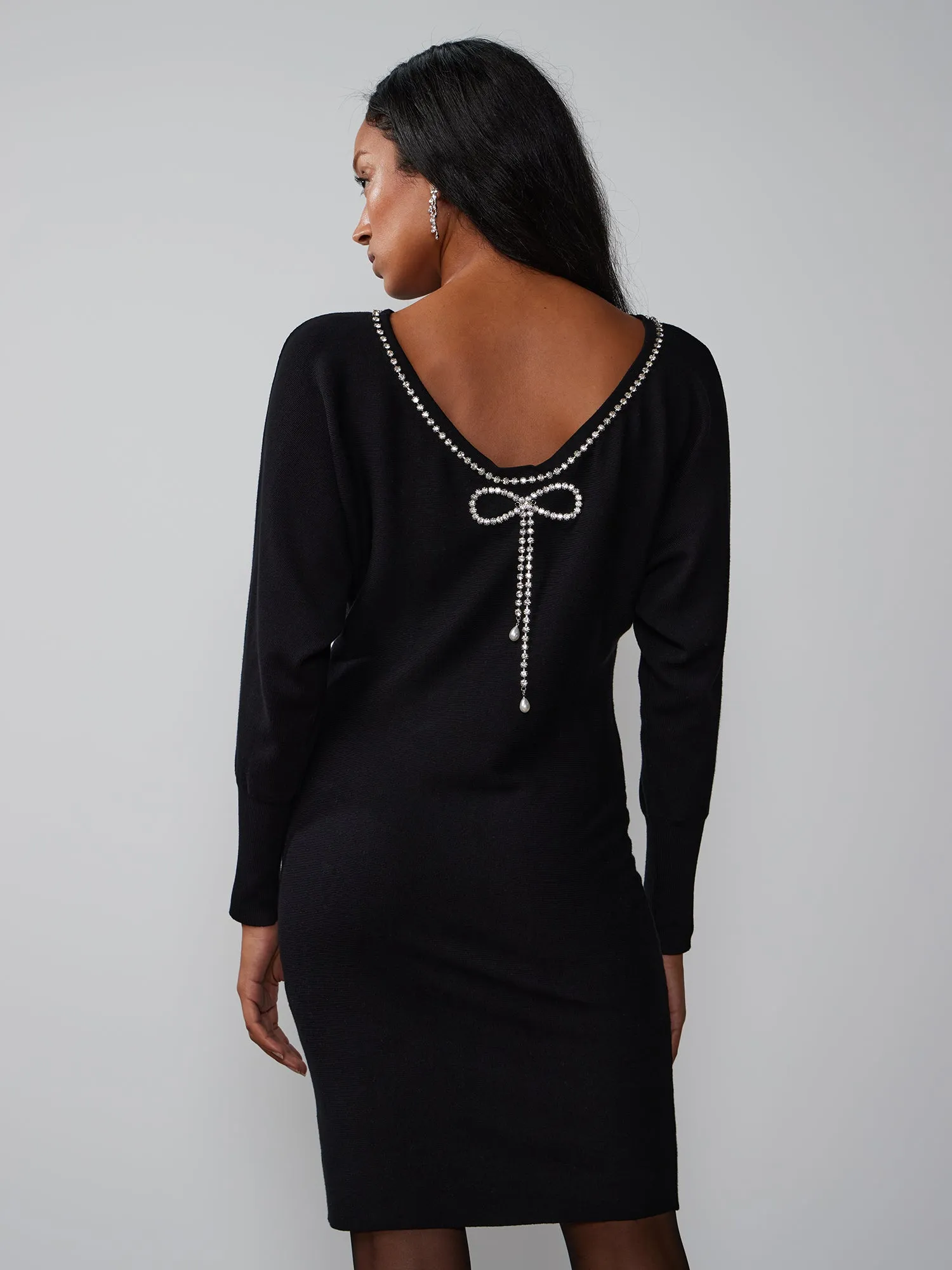 Embellished Rhinestone Bow Back Sweater Dress