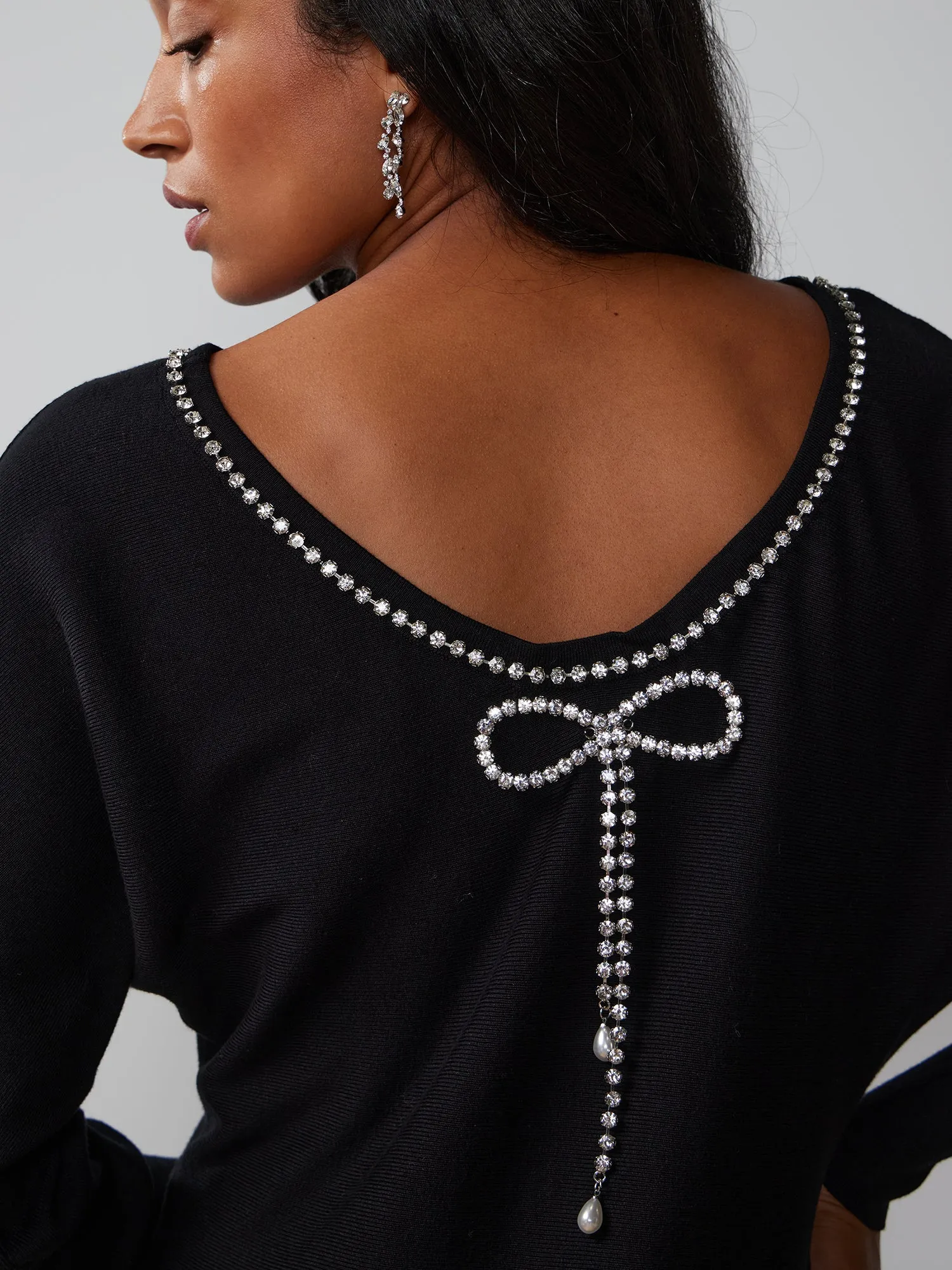 Embellished Rhinestone Bow Back Sweater Dress