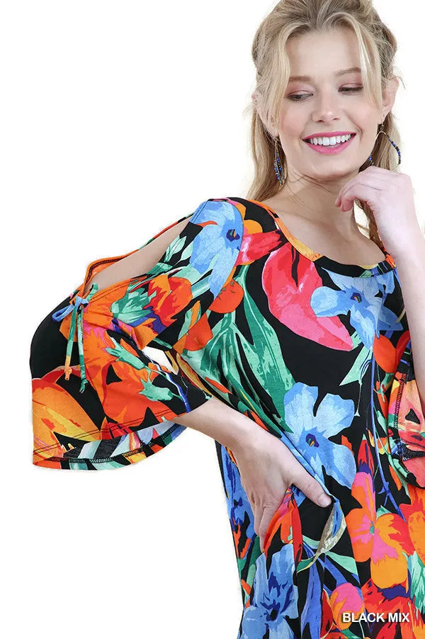 Floral Cutout Shoulder Top, Black