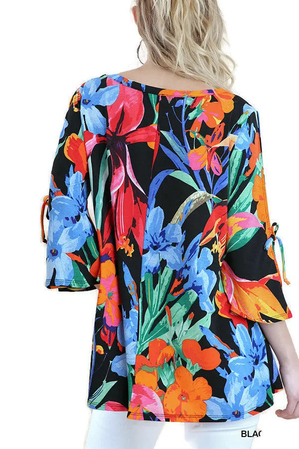Floral Cutout Shoulder Top, Black