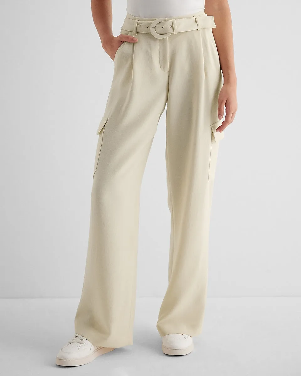 High Waisted Pleated Belted Utility Trouser Pant in Sandshell