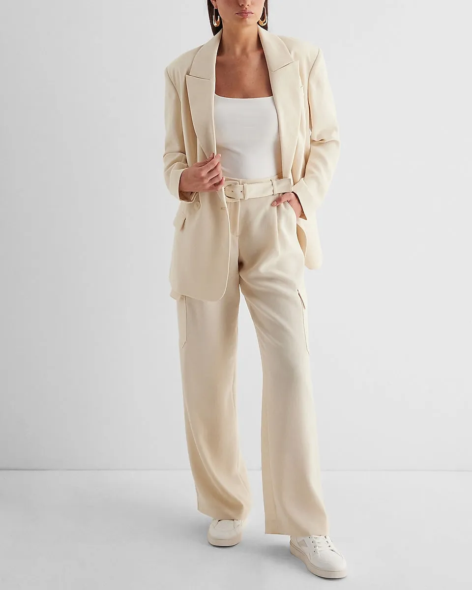 High Waisted Pleated Belted Utility Trouser Pant in Sandshell