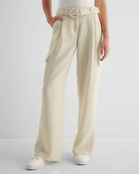 High Waisted Pleated Belted Utility Trouser Pant in Sandshell